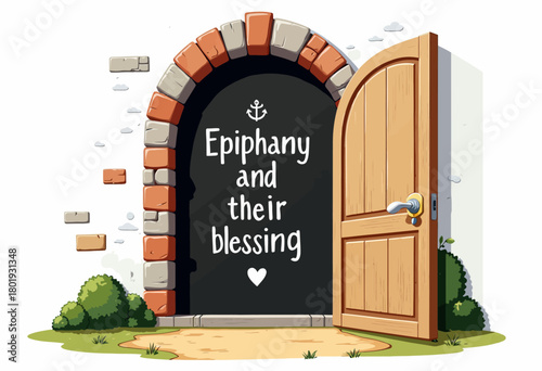 Open Wooden Doorway Leading to a Brick Structure with Inspirational Quote on Black Background Evokes Spiritual Reflection and Personal Growth