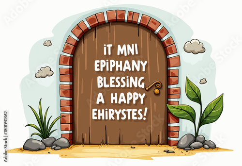 Charming Cartoon Door with Whimsical Text and Colorful Brick Arch Surrounded by Playful Clouds and Lush Greenery in a Fantasy Setting