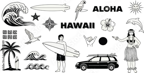 Hawaii aloha surf culture icons and symbols collection black and white