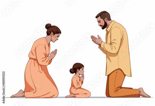 Illustration of a Family Praying Together in Serenity Depicting Unity, Faith, and Togetherness in a Peaceful Moment of Reflection