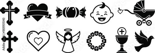 Baptism icons set vector illustration religious symbols baby shower