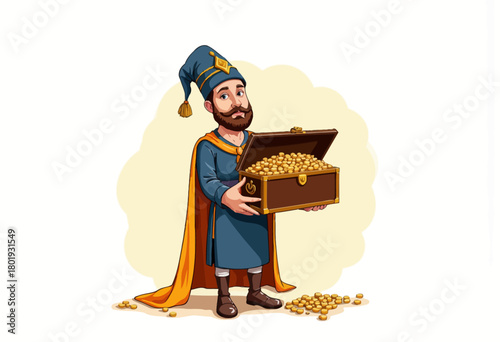A Cartoon Character in a Blue and Orange Outfit Holding an Open Treasure Chest Overflowing with Gold Coins in a Cheerful Environment