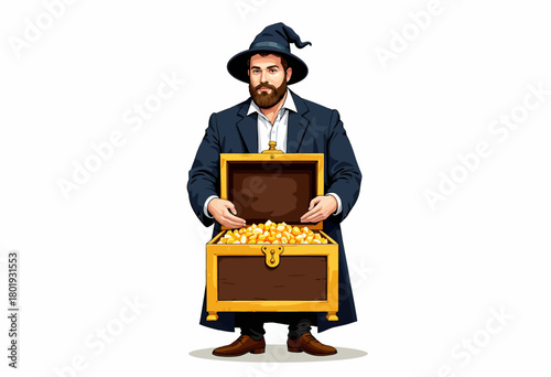 Mysterious Bearded Man in a Wizard Hat Holding an Overflowing Treasure Chest Filled with Sparkling Gold Coins