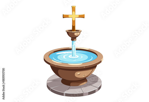 Illustration of a Decorative Stone Baptismal Font with Flowing Water and Ornate Golden Cross Amidst Circular Paved Base
