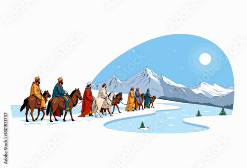 Journey of Wise Travelers on Horses Through Snow-Covered Landscape with Mountains Under a Bright Full Moon