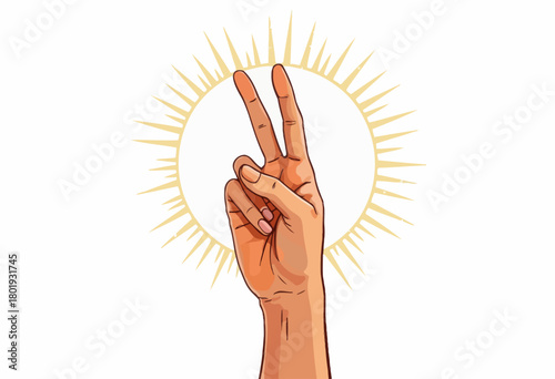 Illustration of a hand in a peace gesture with a radiant sunburst background symbolizing harmony and positivity