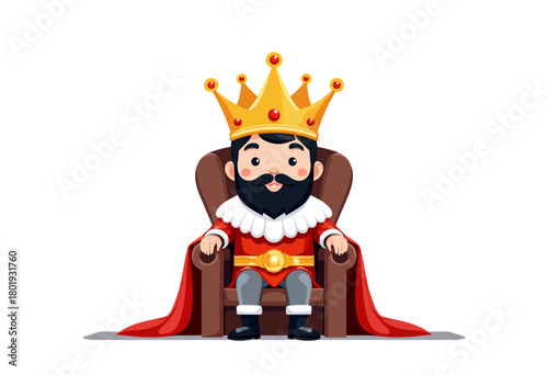 Majestic cartoon king sitting confidently on a throne, adorned in royal attire with a crown, exuding authority and charm in a captivating illustration