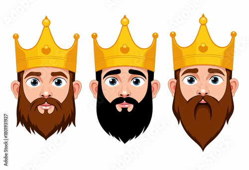 Illustration of Three Cartoon Kings with Different Beard Styles Wearing Golden Crowns and Expressive Eyes