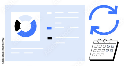 Pie chart on data dashboard alongside circular synchronization icon and calendar. Ideal for analytics, workflow, productivity, scheduling, automation, planning, business strategy. Minimalistic flat