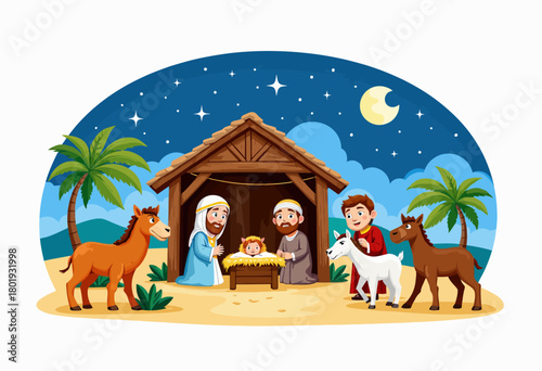 Illustrated portrayal of a serene nativity scene under a starlit sky with joyful characters, animals, and a warm stable setting evoking a sense of peace and wonder