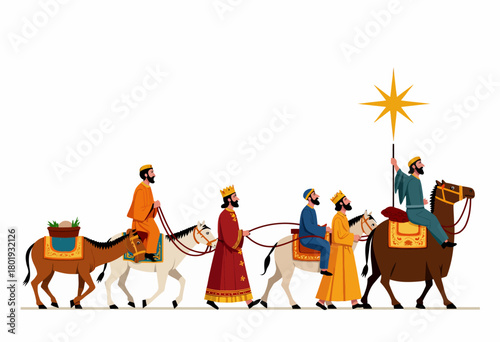Illustration of the Three Wise Men on a Journey Accompanied by Camels and Horses Following a Bright Star in a Traditionally Symbolic Procession