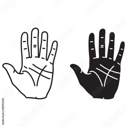 Stylized Open Hands with Palmistry Lines, Outline and Silhouette Illustration