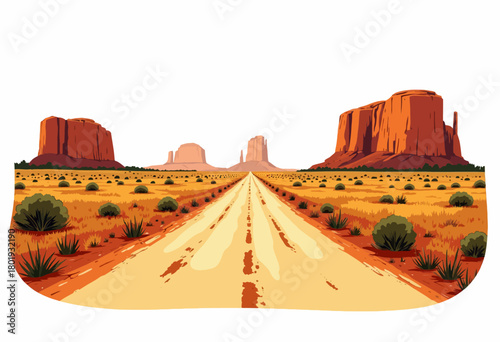 Scenic desert road leading through iconic red rock formations and dry landscape with clear skies illustrating a classic arid canyon scene
