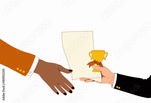 Illustration of Two Diverse Individuals Exchanging a Trophy and Document in a Symbolic Gesture of Achievement and Recognition
