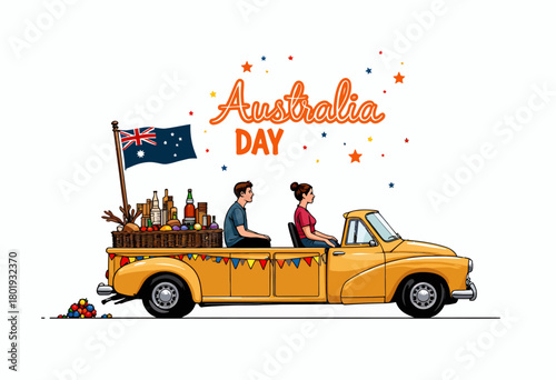 Festive Australia Day celebration featuring a classic vintage car adorned with vibrant flag and decoration, transporting joyful people and a colorful assortment of items