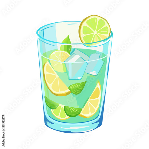 Fresh lemonade and lime water glasses with ice, mint, and lemon slices, isolated for a cool party beverage refreshment
