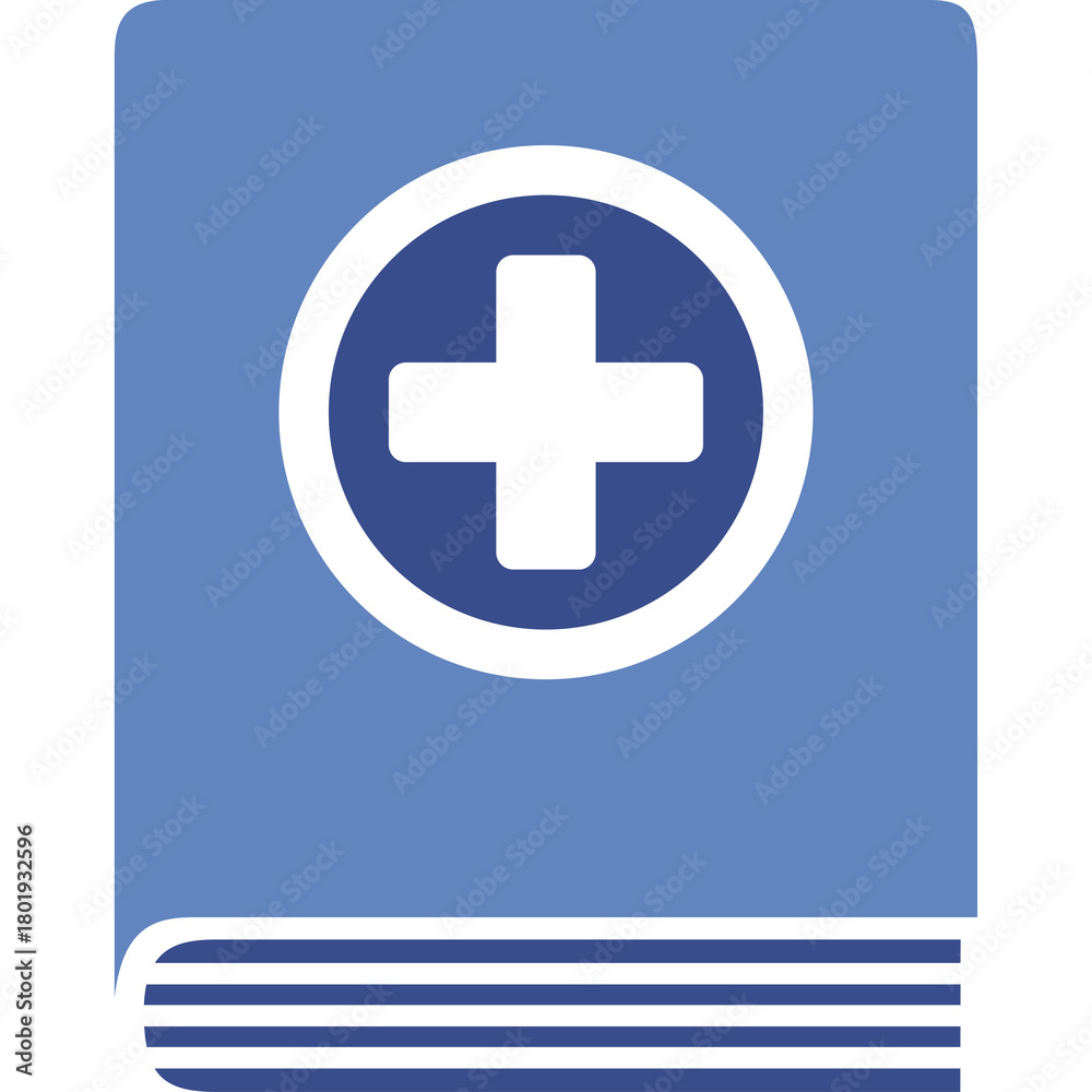 Fototapeta premium A blue medical book icon with a white cross inside a circle on the cover against a transparent background