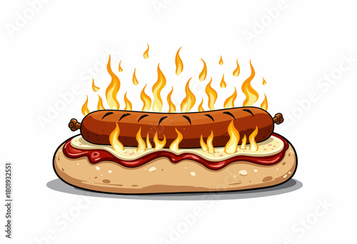 Illustration of a Flaming Hot Dog with a Grilled Sausage Aflame on a Bun Topped with Mustard and Ketchup, Capturing a Fiery and Bold Culinary Concept