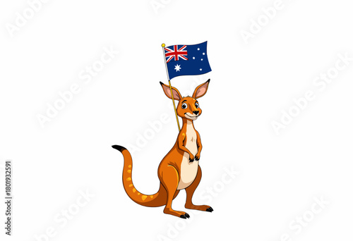Illustration of a joyful cartoon kangaroo proudly holding the Australian flag against a plain white background showcasing national pride and symbolism