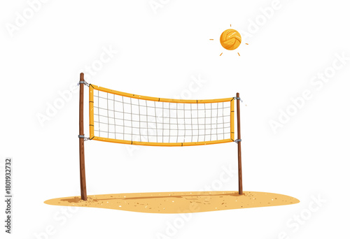 Sandy Beach Volleyball Court with Net Under Bright Sun Illustration Invoking Summer Sports and Outdoor Recreation Vibes
