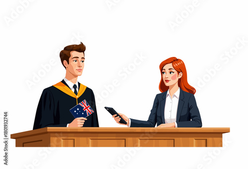 Illustration of a Graduate with Flags Discussing with a Professional Woman Holding a Smartphone Behind Wooden Podium
