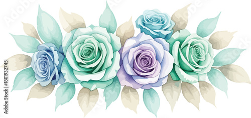 Soft pastel watercolor roses and leaves arrangement isolated on white background