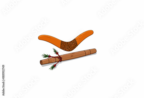Illustration of a Traditional Boomerang and Dijeridu with Ethnic Patterns and Natural Elements