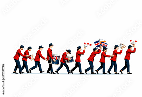 Illustration of a Marching Band in Red Uniforms Carrying Flags and Musical Instruments in a Coordinated Parade Formation