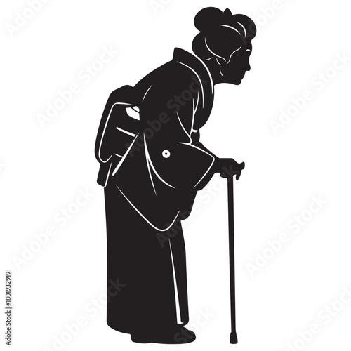 Elderly Japanese Woman Silhouette with Walking Cane