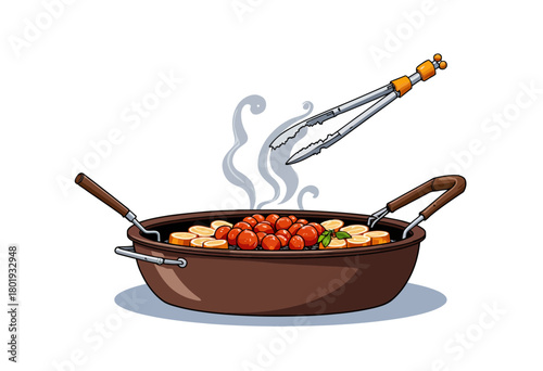 Illustration of a Pan with Freshly Cooked Steaming Sausages and Vegetables Using Kitchen Tongs on a White Background