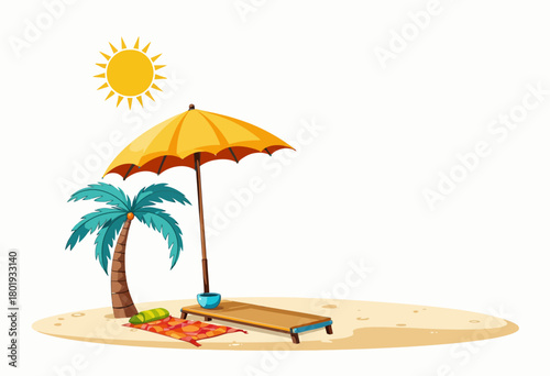 Sunny Beach Scene with Palm Tree, Lounge Chair, and Umbrella on Sandy Shore Under Bright Sun