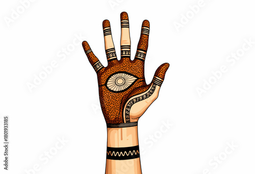 Intricate Henna-Style Tattoo Art of All-Seeing Eye Design on Raised Hand with Decorative Patterns and Symbolic Elements