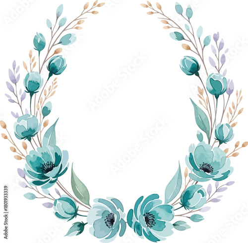 Elegant teal blue watercolor floral wreath with delicate leaves and buds on white background
