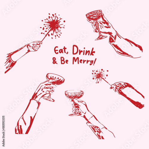 Eat Drink & Be Merry Cocktail Cheers Illustration