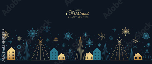 Wallpaper Mural Christmas and Happy New Year greeting banner vector artwork with winter village gold snowflakes and dark night background — charming design for holiday cards and seasonal ads Torontodigital.ca