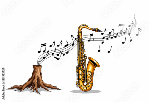 Artistic Illustration of a Vibrant Golden Saxophone with Flowing Musical Notes Emerging from a Tree Stump, Creating a Fusion of Nature and Music