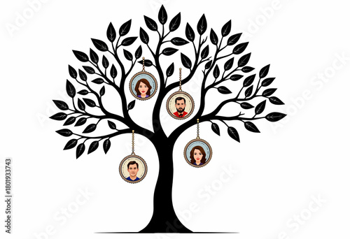 Illustration of Family Tree with Portraits Hanging on Branches Depicting Generational Connections and Ancestral Lineage Through Artistic Representation