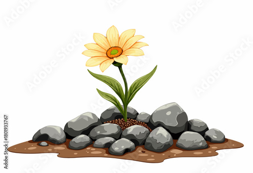 Illustration of a single blooming yellow flower sprouting amidst a cluster of grey rocks on earthy soil, symbolizing natural beauty and resilience