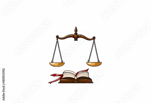 Illustration of Balance Scales Resting Above an Open Book Symbolizing Justice and Law with a Red Ribbon as a Bookmark on White Background