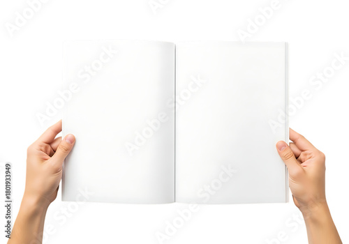 Open blank book held by two hands with white pages isolated on a transparent background open book blank pages