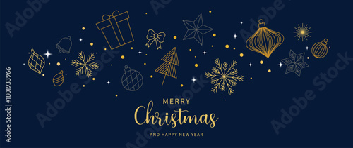 Christmas and Happy New Year greeting banner vector artwork with gold line icons on dark navy background — premium design for winter holiday advertising and invitations