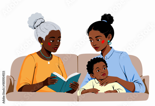 A Heartwarming Scene of Generations Bonding as Grandmother Reads to Daughter and Grandchild on Cozy Sofa