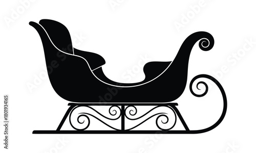 Classic black silhouette of santa claus sleigh with ornate scrollwork and runners on white background