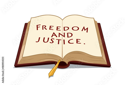Illustration of an open book with inscribed words emphasizing the themes of freedom and justice in elegant typography, symbolizing fundamental human rights and ideals.