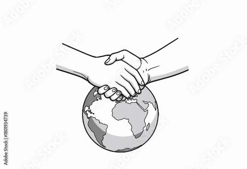 Illustration of Two Hands Shaking Above a Simple Globe Depicting Unity, Global Connection, and International Cooperation Through a Symbolic Gesture