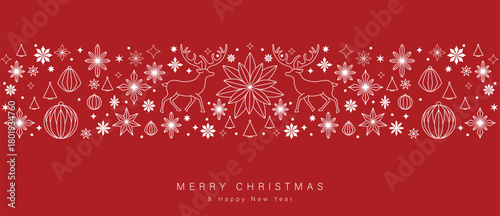 Christmas and Happy New Year greeting banner vector design with red background white floral stars reindeer and ornaments — warm decorative layout for seasonal greeting cards