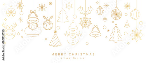Christmas and Happy New Year greeting banner vector artwork with white background gold holiday icons ornaments and snowflakes — bright layout for festive advertising and cards