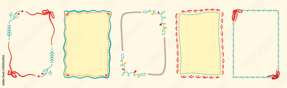 Obraz premium Christmas and New Year decorative frames vector illustration with pastel lights soft red blue curves and delicate seasonal borders — charming design for greeting cards and winter prints