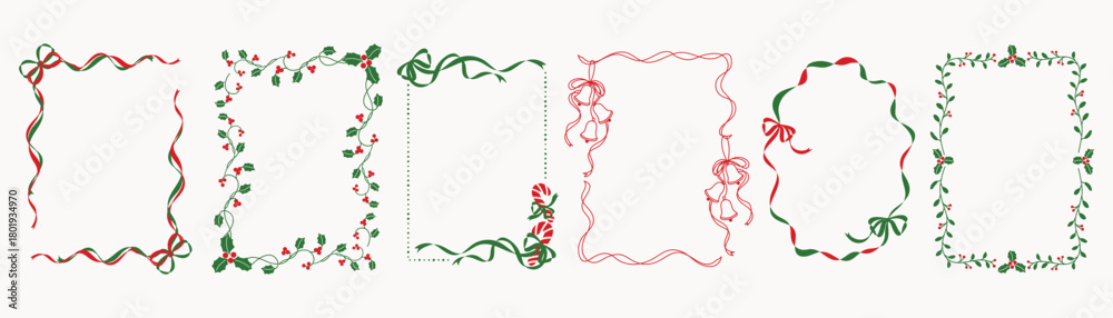 Obraz premium Christmas and New Year decorative frames vector illustration with red green ribbon swirls holly leaves berries and festive border elements — elegant design for greeting cards and holiday prints