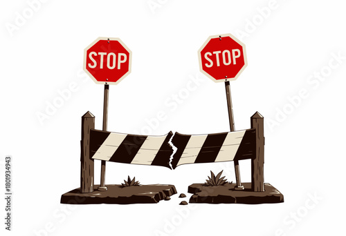 Illustration of a Broken Barrier Flanked by Two Stop Signs Signifying a Roadblock or Impasse on a Pathway with Clear Indication of No Passage